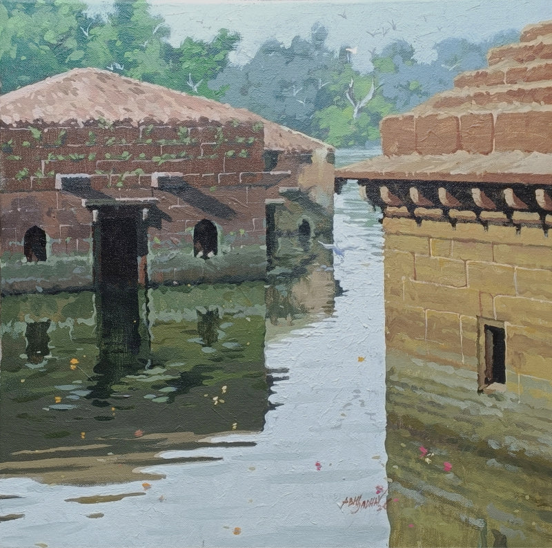 Sacred Flow (Panchganga Ghat)' religious acrylic painting by artist Abhijit Jadhav, 18x18 inch, on canvas