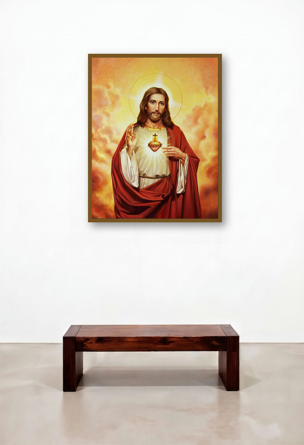 Sacred Heart 18 by artist Ns Art displayed in a Rustic Hotel Lobby