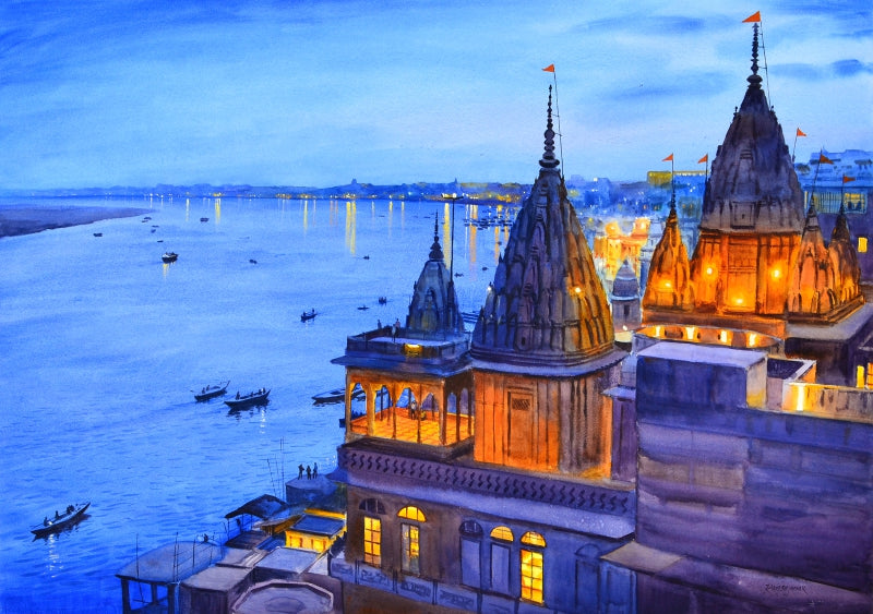 'The Sacred Hour Of Illumination' religious watercolor painting by artist Ramesh Jhawar, 29x42 inch, on paper