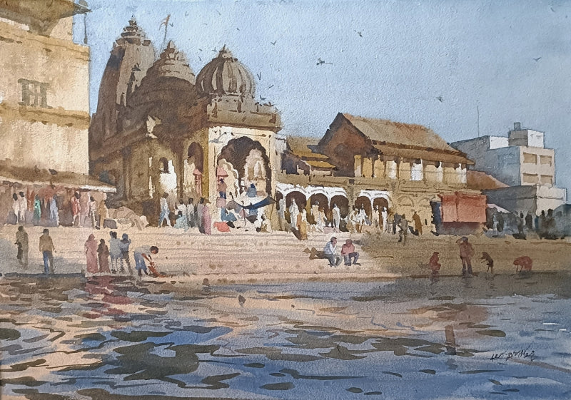 Sacred Nashik Ghat' religious watercolor painting by artist Abhijit Jadhav, 15x22 inch, on paper