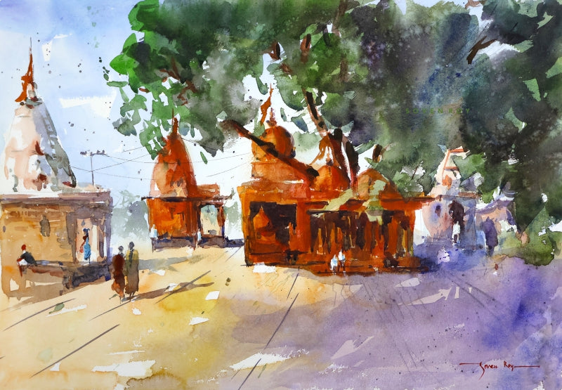 Sacred Shade' landscape watercolor painting by artist Soven Roy, 14x20 inch, on paper