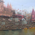 Sacred Steps Of Kashi by Purnendu Mandal, Original Oil Religious Painting on Canvas, Medium Horizontal Wall Art