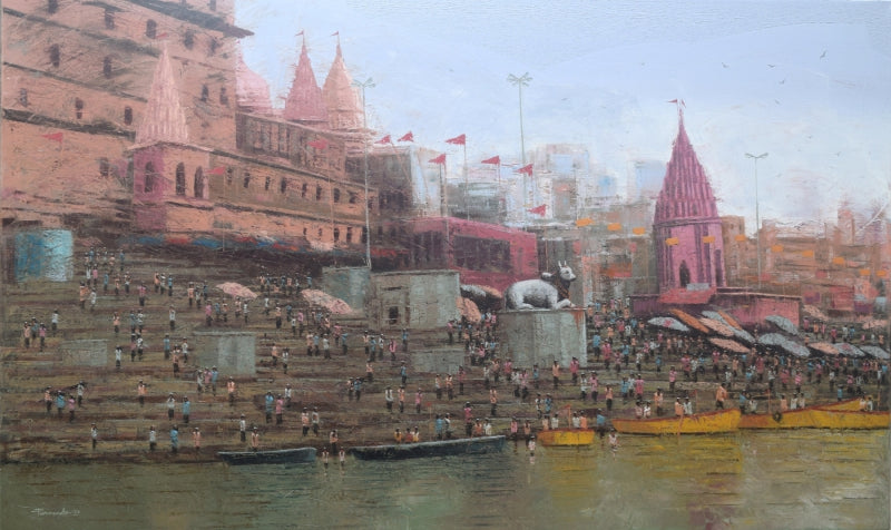 Sacred Steps Of Kashi' religious oil painting by artist Purnendu Mandal, 36x60 inch, on canvas