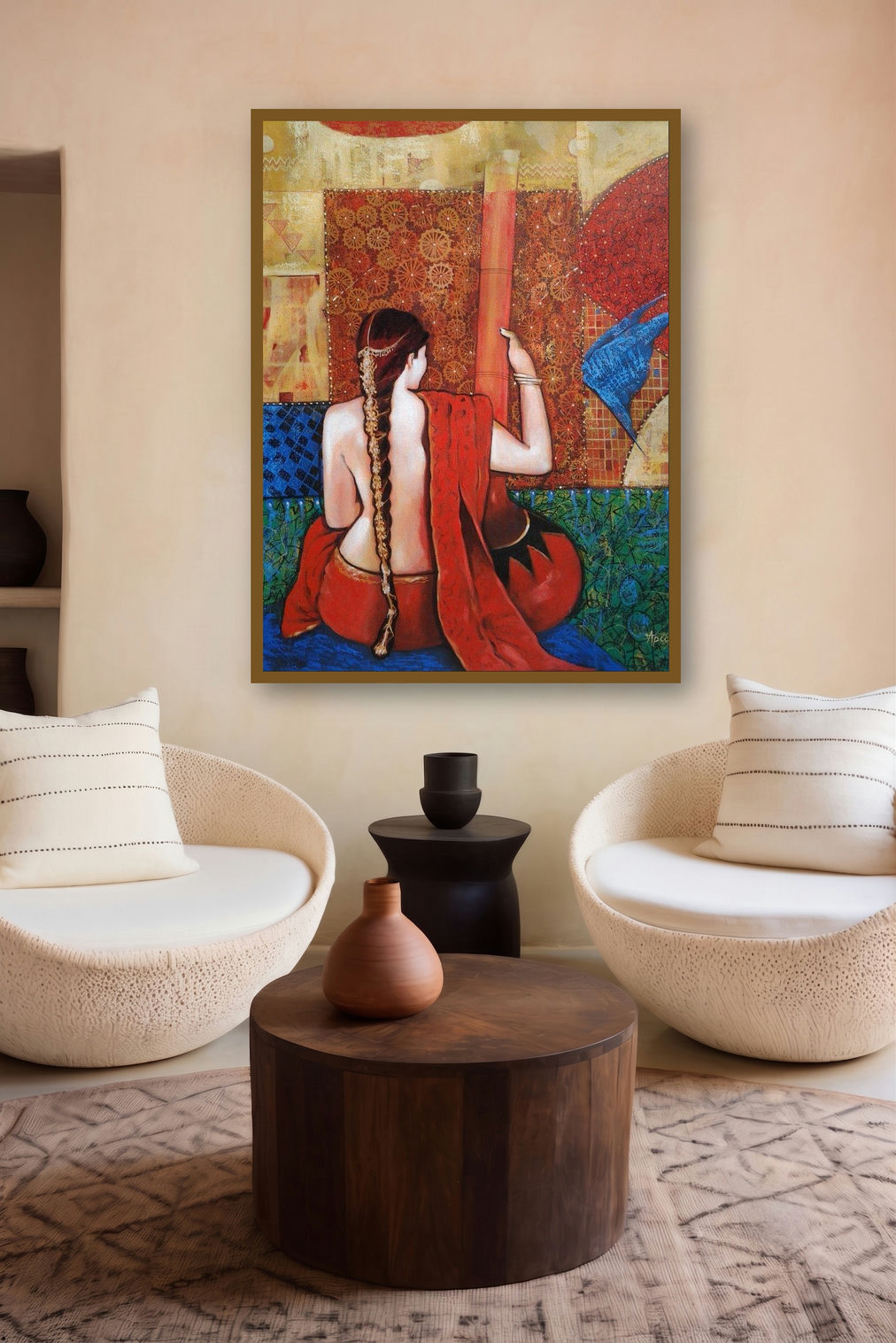 Sadhana (Urban Contemplation: A Figurative Composition) by artist Apurba Karati displayed in a Indian Art gallery