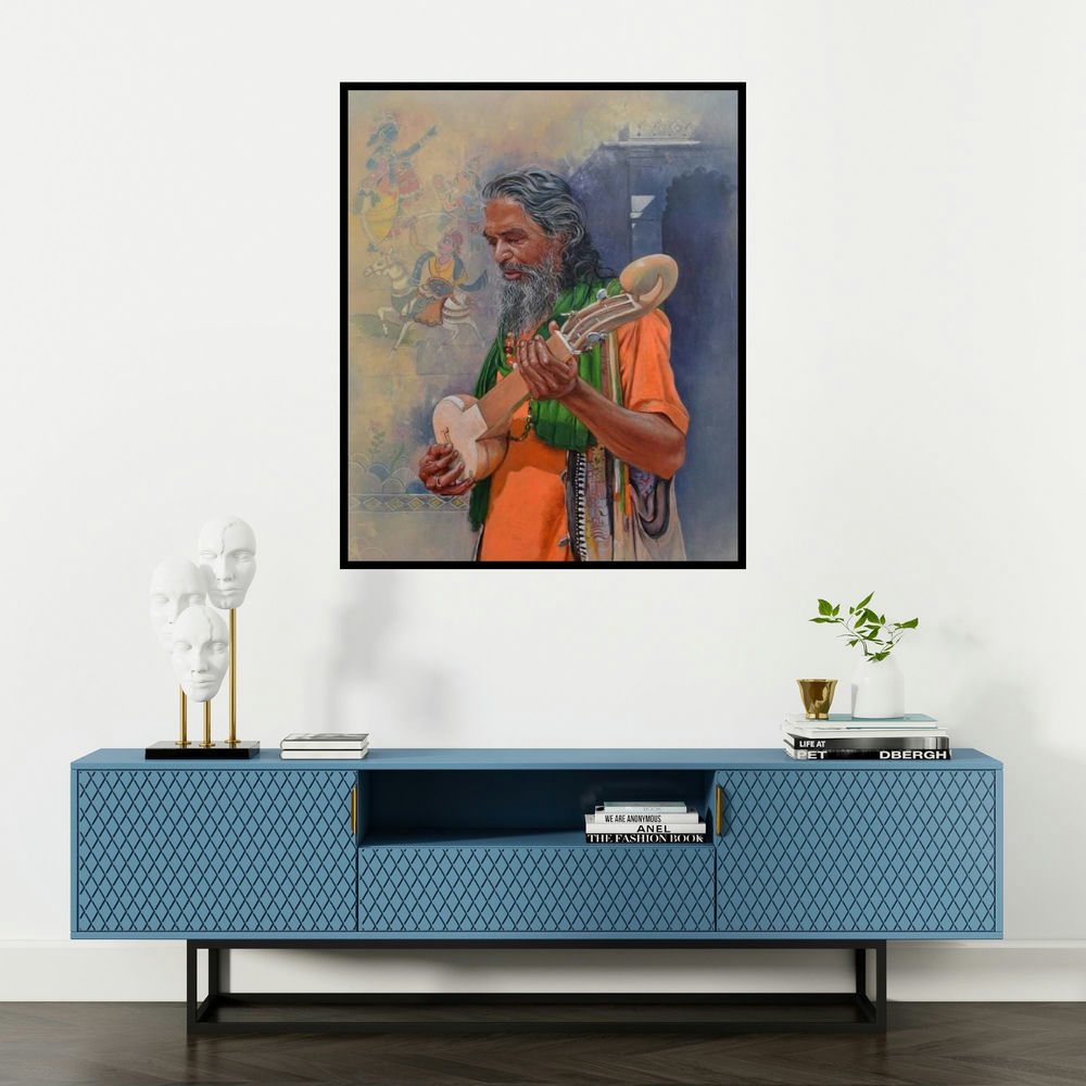 Satyabrata Karmakar's 'Sadhu 1' painting visualized above a sofa in a contemporary room.