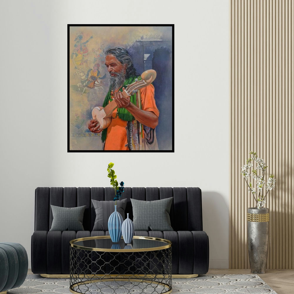'Sadhu 1' painting by Satyabrata Karmakar shown on a wall in a furnished room.