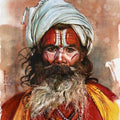 'Sadhu' religious watercolor painting by artist Uday Bhan, 22x15 inch, on paper