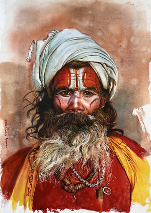Sadhu by Dr Uday Bhan, Original Watercolor Religious Painting on Paper, Small Vertical Wall Art