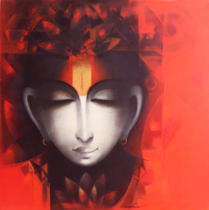 Sadhu' religious acrylic-charcoal painting by artist Somnath Bothe, 36x36 inch, on canvas