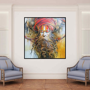 In-situ view of Manoj Das's 'Sadhu 3 (Sadhu Meditation)' painting in a room