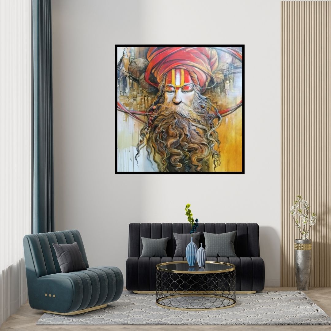 Preview of 'Sadhu 3 (Sadhu Meditation)' Painting by Manoj Das shown on a wall in a furnished room.