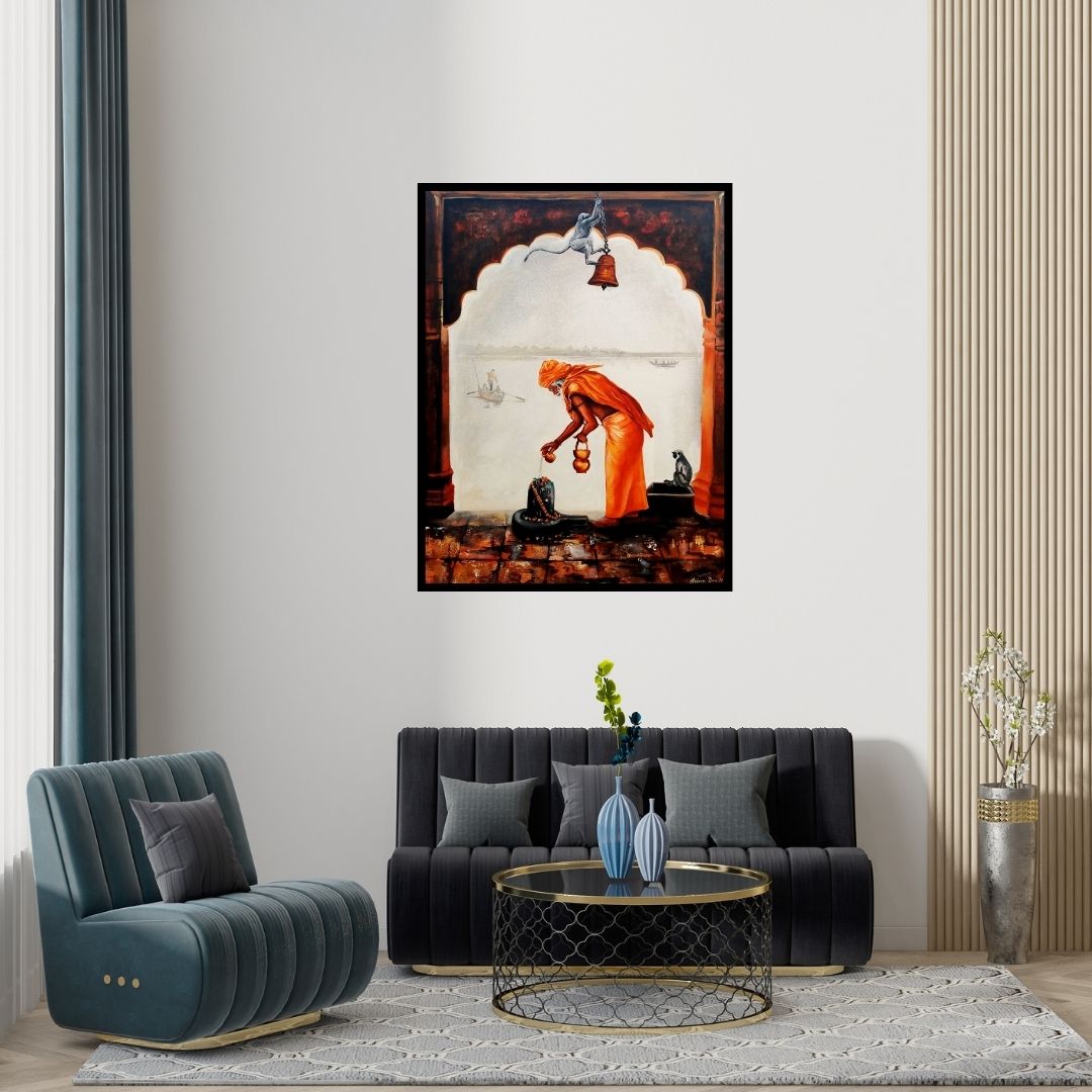 Preview of 'Sadhu' Painting by Arjun Das shown on a wall in a furnished room.