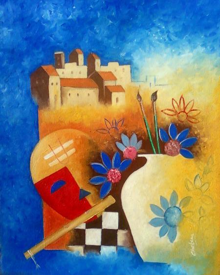 Abstract oil painting titled 'Sadhu', 18x15 inches, by artist Chetan Katigar on Canvas