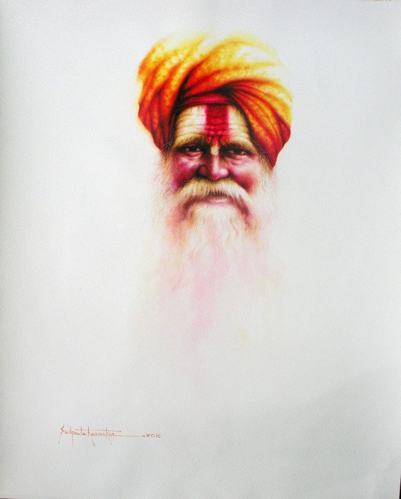 Portrait watercolor painting titled 'Sadhu Series 6', 27x22 inches, by artist Sudipta Karmakar on Paper