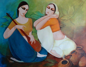 Saheli by Kamal Devnath, Original Acrylic Figurative Painting on Canvas, Large Horizontal Wall Art