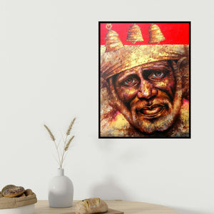 Pradeep Kumar's 'Sai (Divine Grace The Gaze of Sai Baba)' painting visualized above a sofa in a contemporary room.