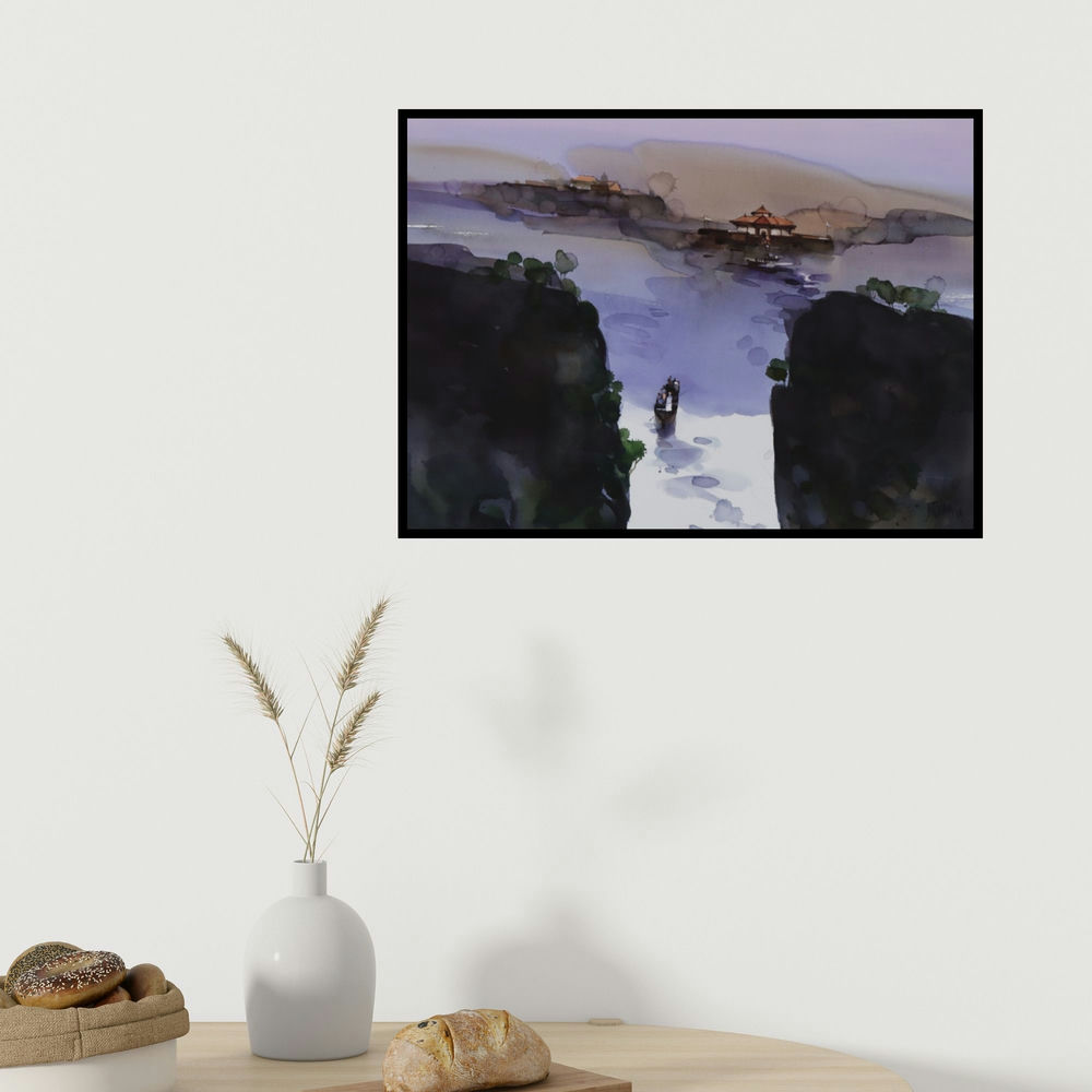 Prashant Prabhu's 'Sail Into The Quietude' painting visualized above a sofa in a contemporary room.