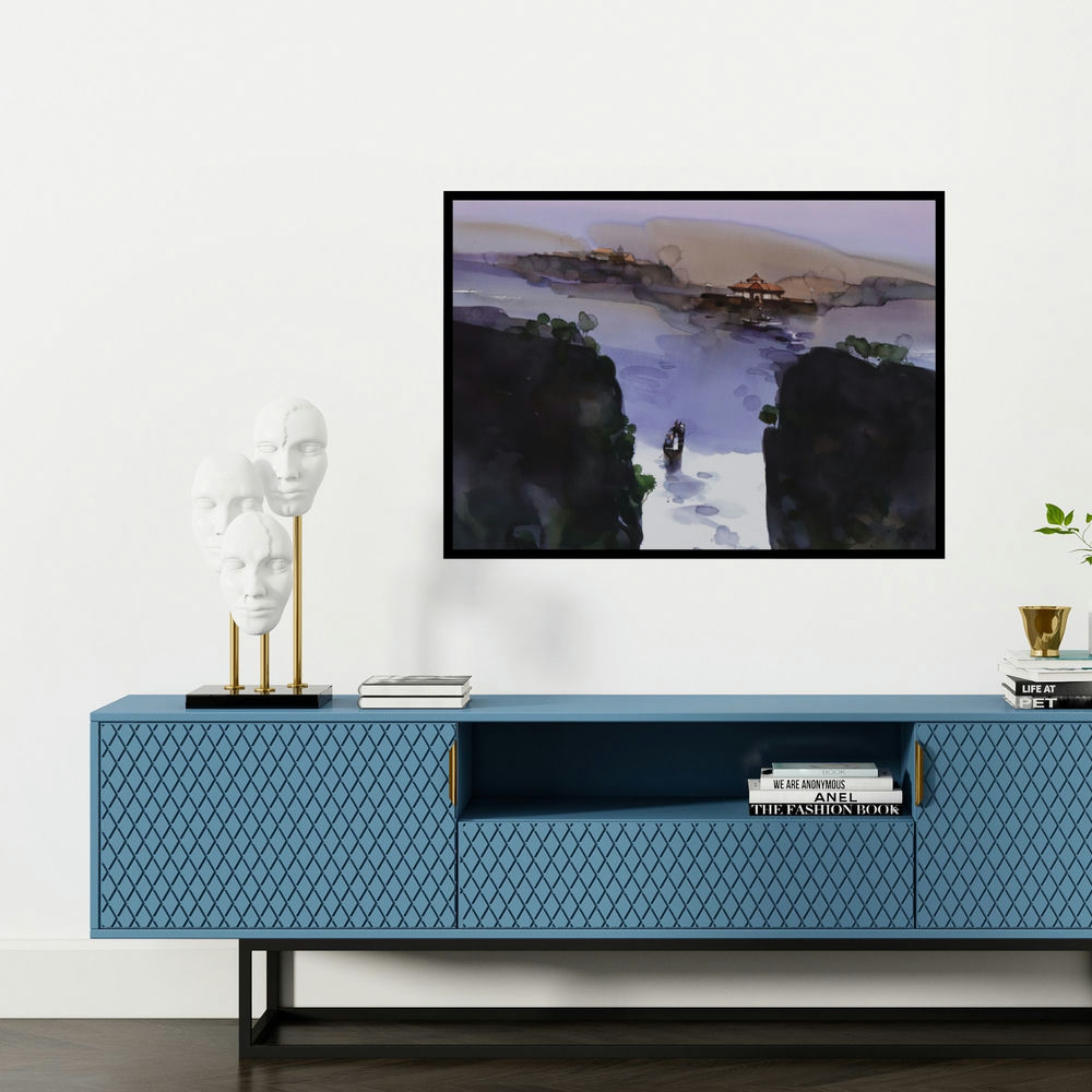 'Sail Into The Quietude' painting by Prashant Prabhu shown on a wall in a furnished room.