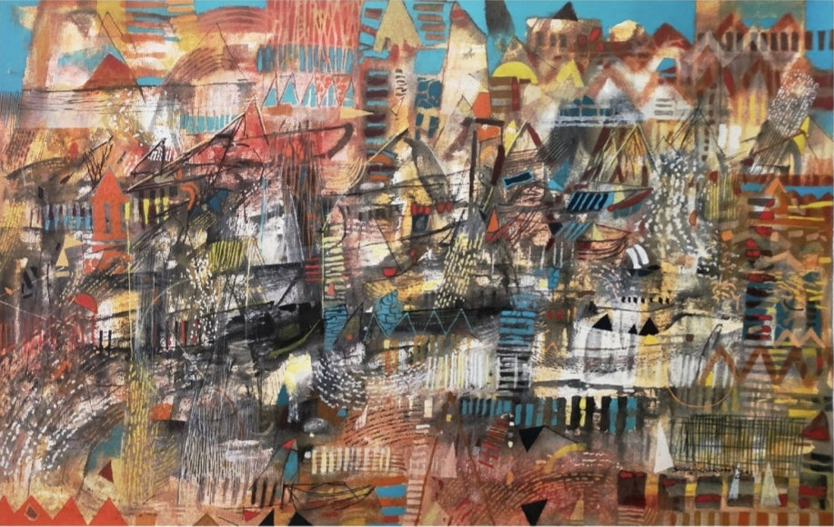 'Sailing Behind The River Of Holy City' abstract acrylic painting by artist Srj Surajit Chakraborty, 27x42 inch, on canvas
