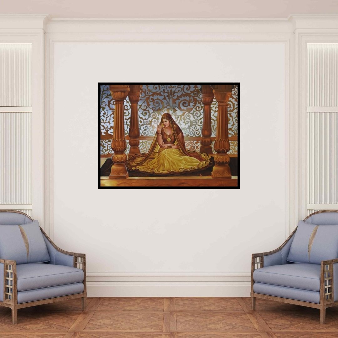 In-situ view of Kamal Rao's 'Sajawat (Royal Contemplation)' painting in a room