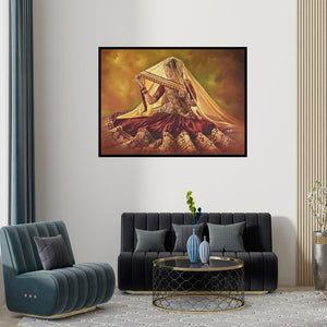 Preview of 'Sajawat (Radiant Bride)' Painting by Kamal Rao shown on a wall in a furnished room.