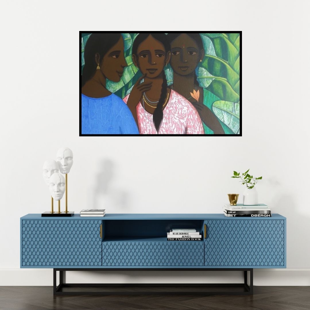 Preview of 'Sakhi 2' Painting by Nagesh Ghodke shown on a wall in a furnished room.