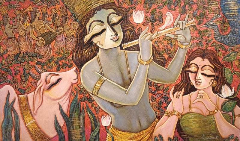Sakhi 2' religious mixed-media painting by artist Subrata Ghosh, 30x50 inch, on canvas