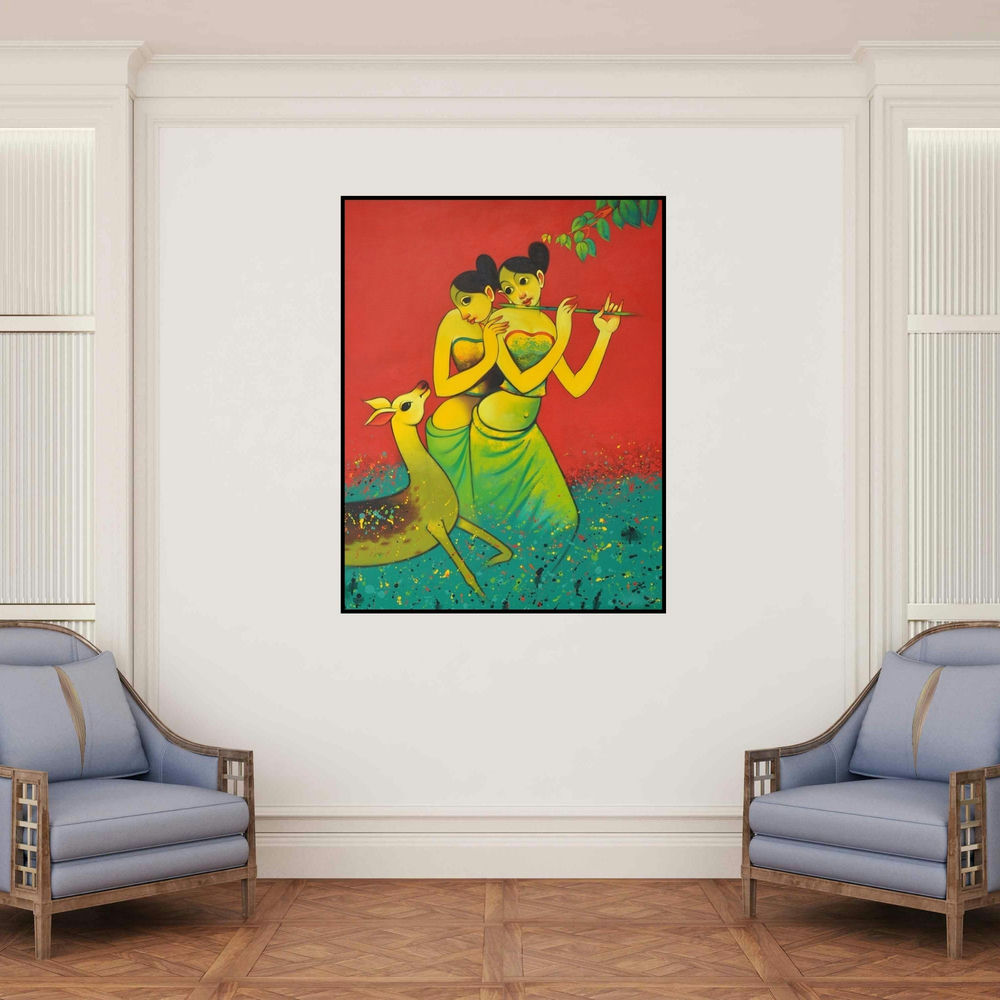 'Sakhi' painting by Navnath Chobhe shown on a wall in a furnished room.