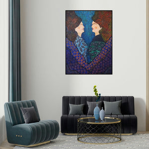 Anissha Deshpande's 'Sakhi (Interconnected)' painting visualized above a sofa in a contemporary room.