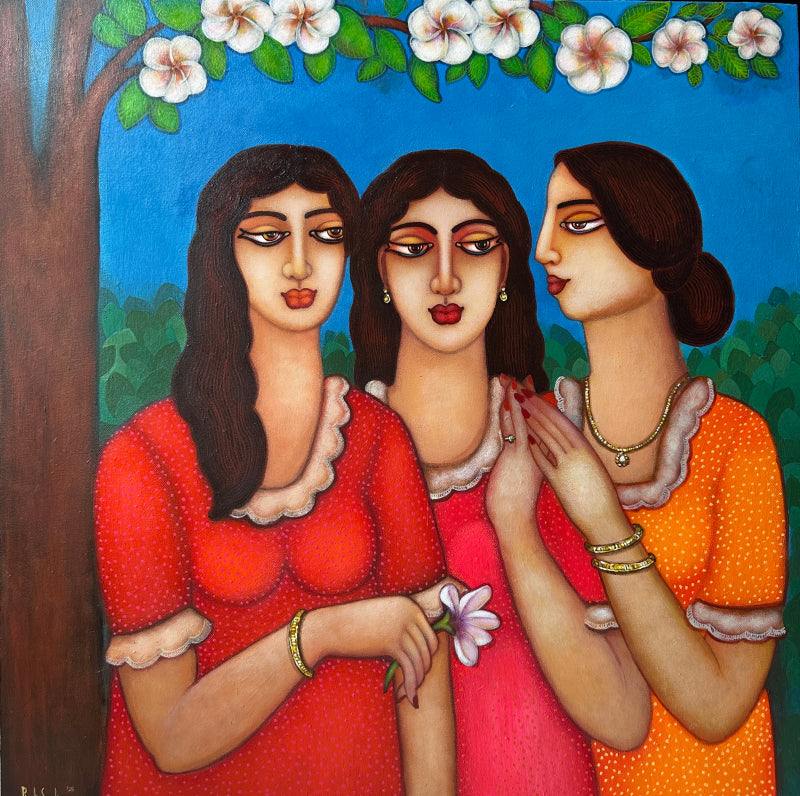 'Sakhi' figurative acrylic painting by artist Piyali Sarkar, 24x24 inch, on canvas