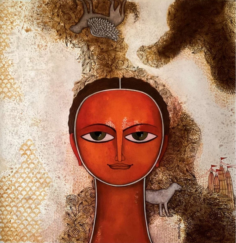 Sakridagaami 1' figurative acrylic painting by artist Meenakshi Jha Banerjee, 18x18 inch, on canvas