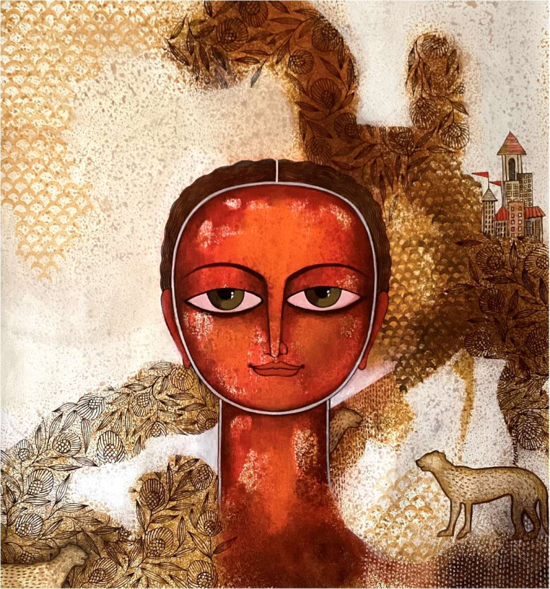 Sakridagaami 3' figurative acrylic painting by artist Meenakshi Jha Banerjee, 18x18 inch, on canvas