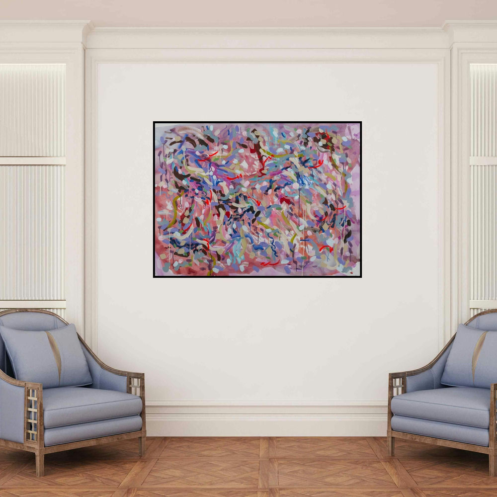 'Sakura (A Whimsical Journey**)' painting by Sheena Bajaria shown on a wall in a furnished room.