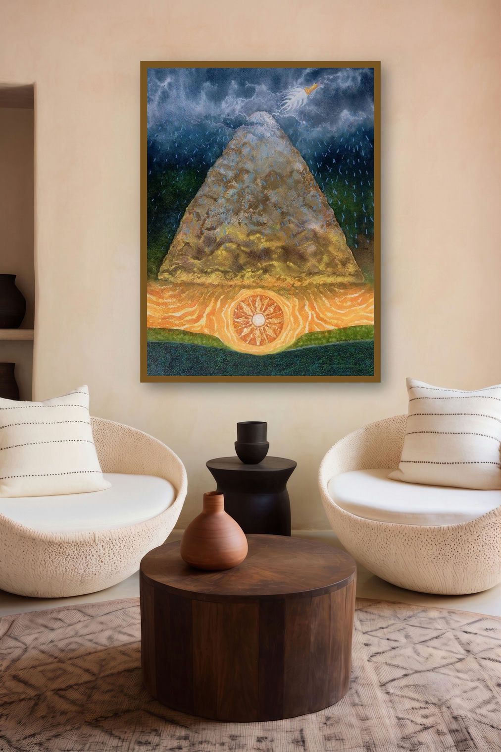 Salvation Of Govardhan (Birth of the Sun) by artist Avishkar Vispute displayed in a Modern gallery