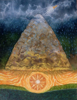 Salvation Of Govardhan (Birth of the Sun) by Avishkar Vispute, Original Watercolor Contemporary Painting on Paper, Small Vertical Wall Art