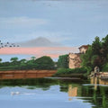 Cityscape oil painting titled 'Samantasar Lake', 18x36 inches, by artist Parimal Vaghela on Canvas