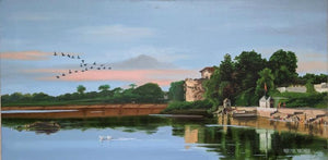Samantasar Lake by Parimal Vaghela, Original Oil Cityscape Painting on Canvas, Medium Horizontal Wall Art