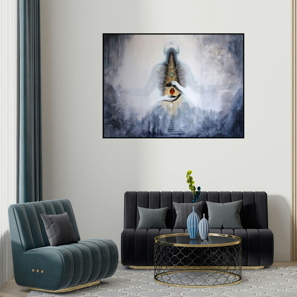 Arabinda Samanta's 'Samarpan 2' painting visualized above a sofa in a contemporary room.