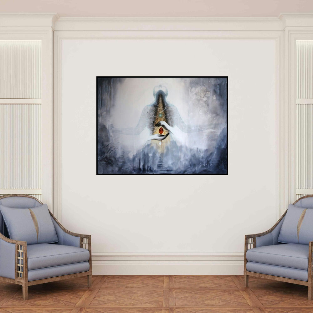 'Samarpan 2' painting by Arabinda Samanta shown on a wall in a furnished room.