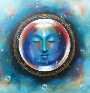Samay (Krishna's Cosmic Presence) by Rakhi Baid, Original Acrylic Religious Painting on Canvas, Small Square Wall Art