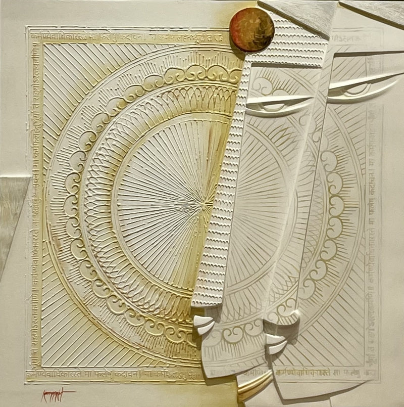 Sampoorn 2' figurative mixed-media painting by artist Kanchan Mahante, 36x36 inch, on canvas