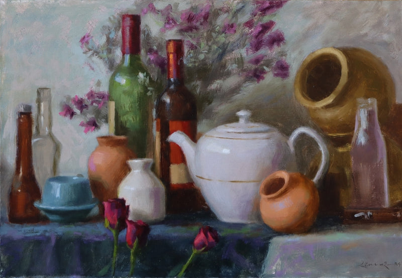 Samsar' still-life oil painting by artist Rohan Daithankar, 14x20 inch, on linen