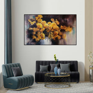 Puja Kumar's 'Sanguine 2 (Golden Chrysanthemums)' painting visualized above a sofa in a contemporary room.
