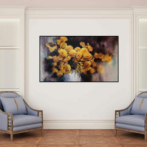 'Sanguine 2 (Golden Chrysanthemums)' painting by Puja Kumar shown on a wall in a furnished room.