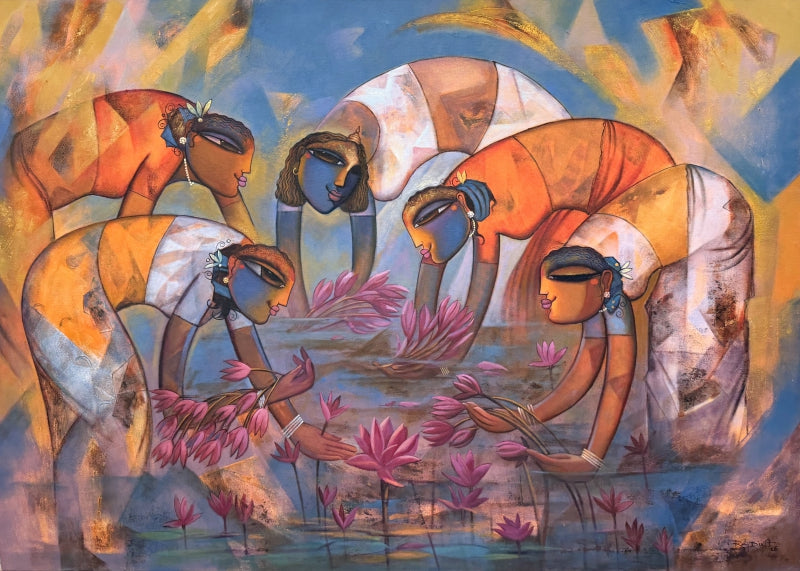 Sannidya 3' figurative acrylic painting by artist Rajendra Dixit, 48x60 inch, on canvas