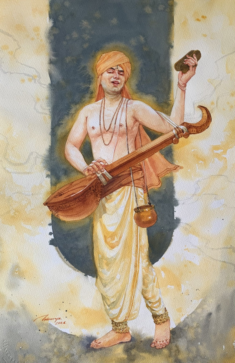 Sant Purandar Das' religious watercolor painting by artist Abhisarika Nayika, 21x15 inch, on paper