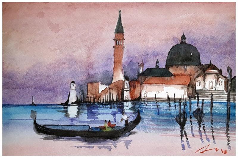Cityscape watercolor painting titled 'Santa Maria Della Salute Venice Italy', 7x11 inches, by artist Arunava Ray on Paper