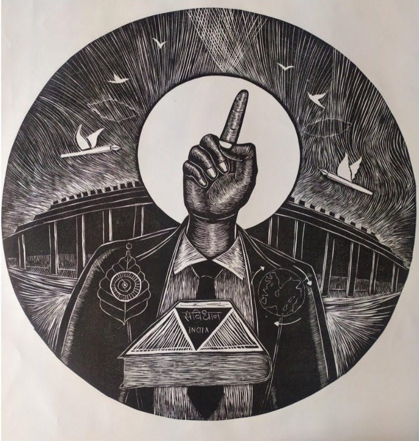 Sanvidhan Shilpkar' contemporary wood cut printmaking by artist Prashant Kuwar, 30x30 inch, on canvas