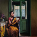 Sanwadini' figurative oil painting by artist Mahesh Soundatte, 41x31 inch, on linen