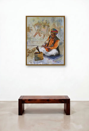 Sapera by artist Kishor Nadavdekar displayed in a Rustic Hotel Lobby
